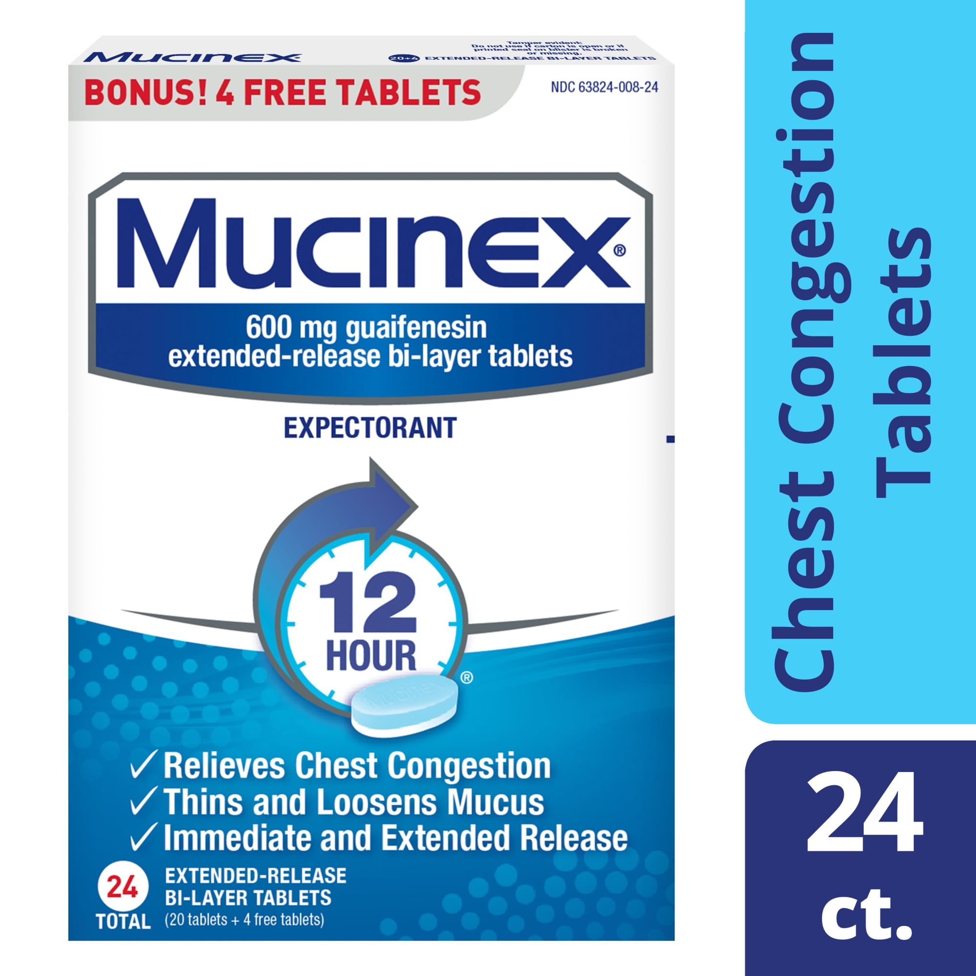 Mucinex 12 Hr Chest Congestion Expectorant Tablets, 24ct (20+4ct)