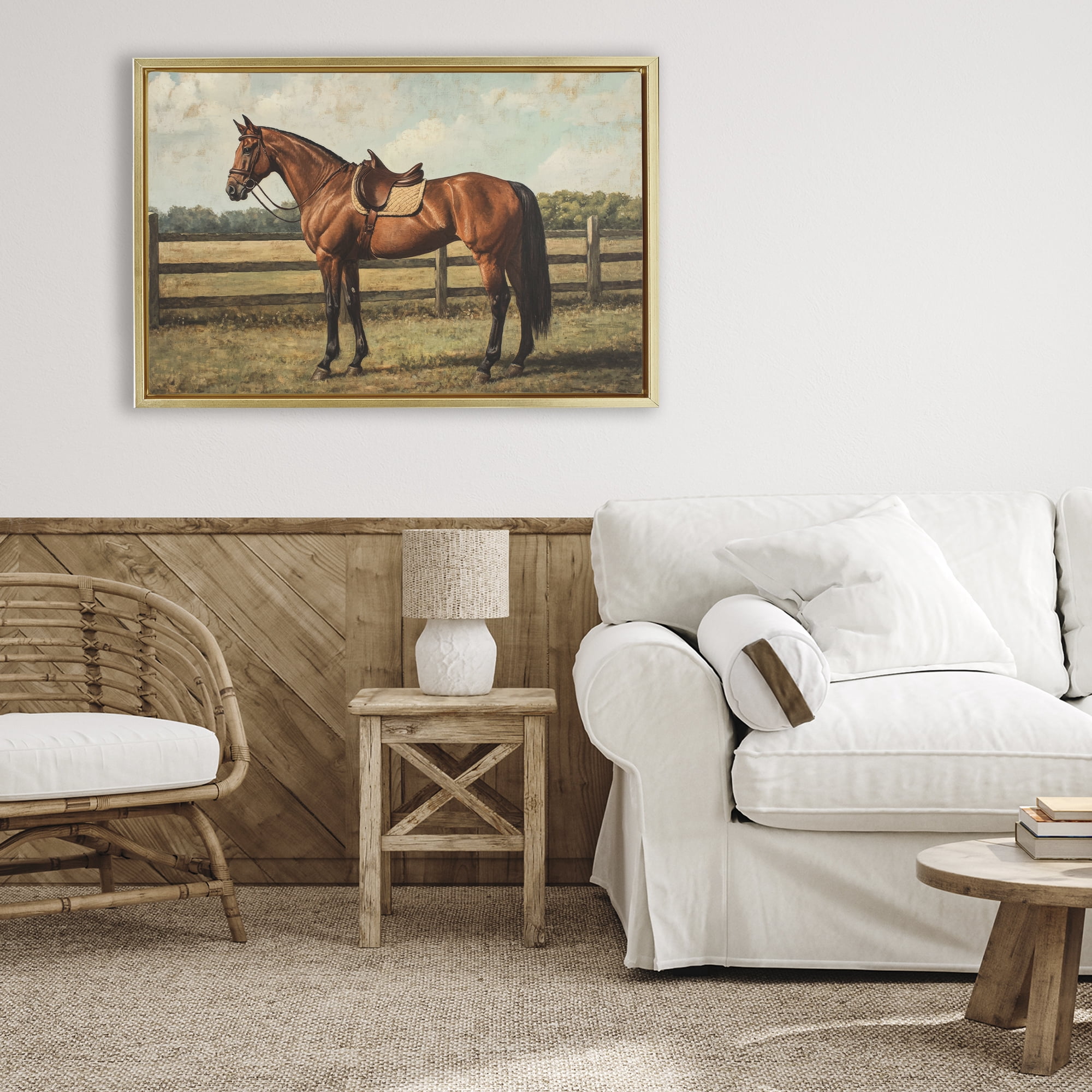 Stupell Industries Chocolate Stag Saddled in Pasture Gold Framed Floater Canvas Wall Art, design by Petal Prints Design