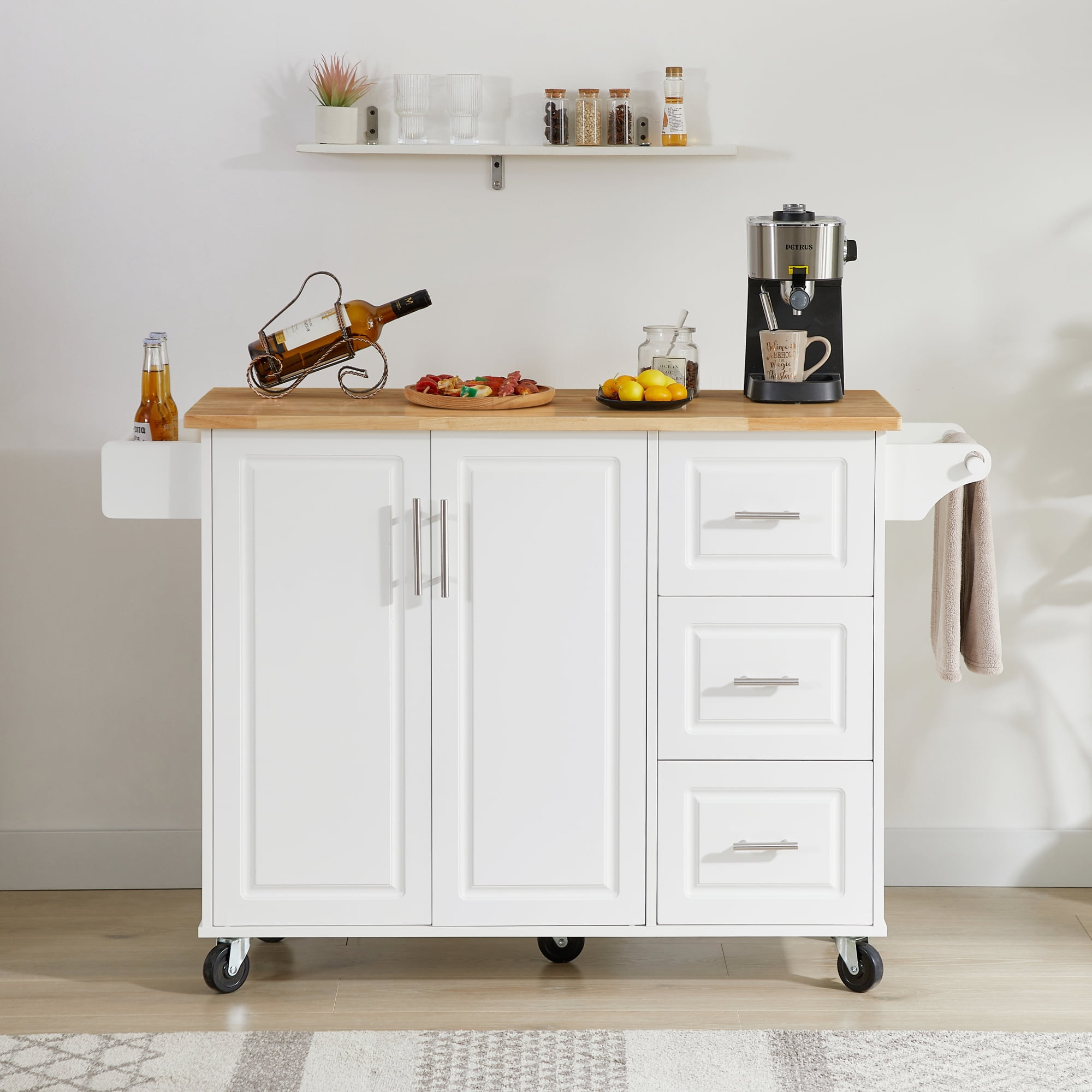 GARITIN Rolling Kitchen Island with Drop Leaf Countertop, Farmhouse Kitchen Storage Cart on Wheels with Drawers Spice Rack and Towel Rack for Small Kitchen Dining Area, White with Oak Top