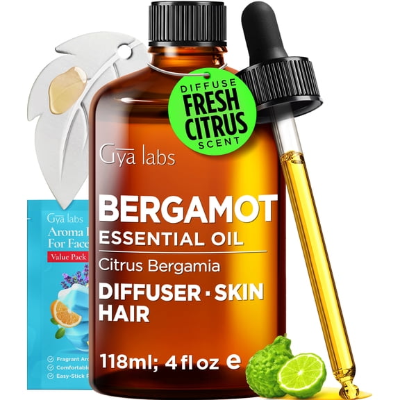Gya Labs Bergamot Essential Oil with Aromatherapy Stone for Diffuser, 4 Fl Oz – Fresh Citrus Floral Aroma for Skin Care, Perfume Blends, Massage, DIY Candles & Soap Making