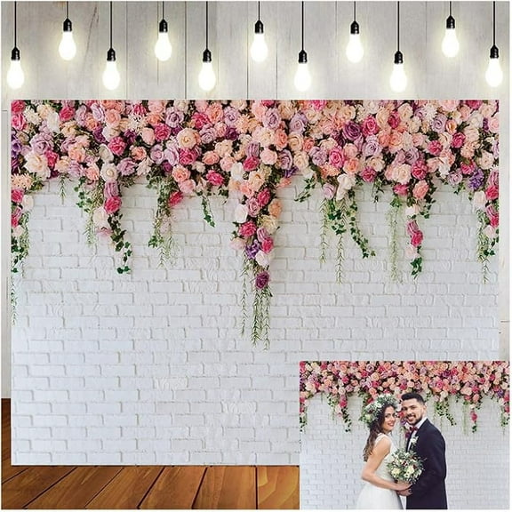 7x5ft White Brick Wall Floral Backdrop with Hanging Flowers – Spring Garden Photo Backdrop for Bridal Shower, Baby Shower, Birthday Party, Wedding Photography Decoration 134