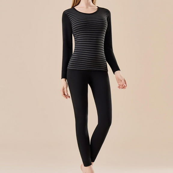 Cadancy Womens Thermal Tops Long Sleeve Striped Crewneck High Waisted Leggings Cotton Base Layer Underwear 2 Piece Set Cute Pjs Suitable Warm Winter Long Johns Outfits