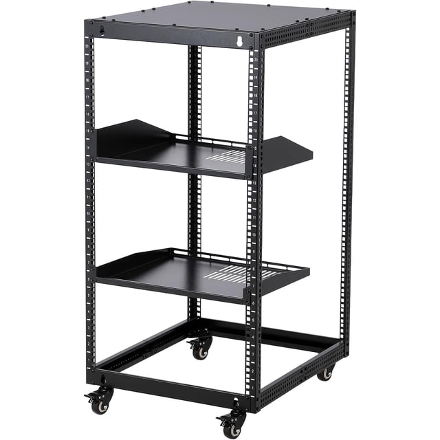 20U Open Frame Server Rack, 23 in -40 in Adjustable Depth, Wall Mount & Free Standing Network Rack with 4 Lockable Casters & 2Pcs 1U Server Rack Shelf, Holds All Your IT/AV Equipment Rack