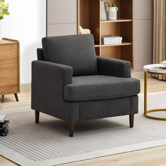 WANBIN Mid-Century Accent Chair - Modern Linen Fabric Armchair with Wood Legs, Dark Grey