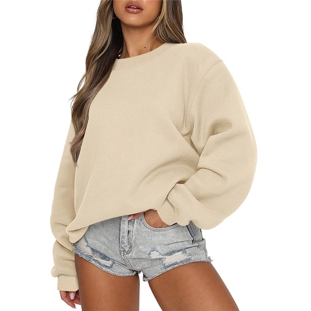 TIMIFIS Chandails à Col Rond Beige pour Femmes Automne Unis Surdimensionnés Chandails à Enfiler Décontractés Amples à Manches Longues Chandail pour Dames