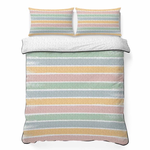 Twin XL Quilt Set, Colorful Stripe Color Block Lightweight Quilt Sets Summer Comforter Coverlets with 2 Pillow Shams, Rainbow Breathable 3 Piece Bedding Set for All Seasons