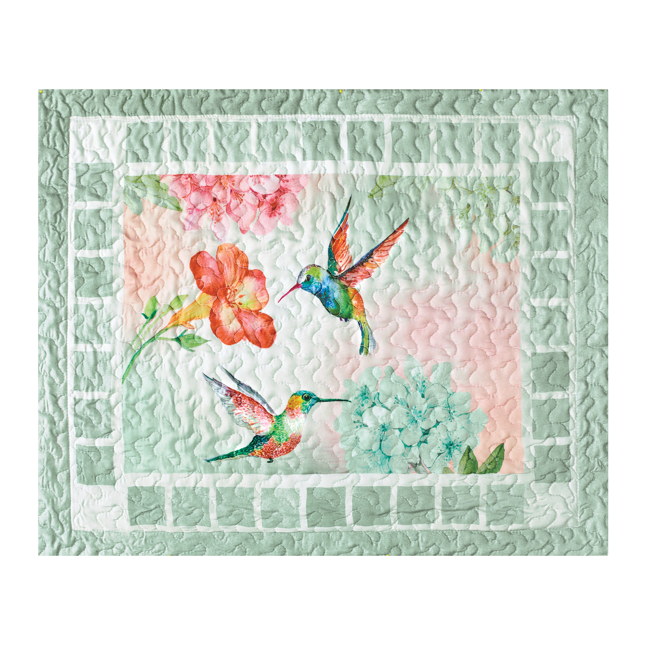 Light Green Square Hummingbirds /& Flowers Patch Quilt