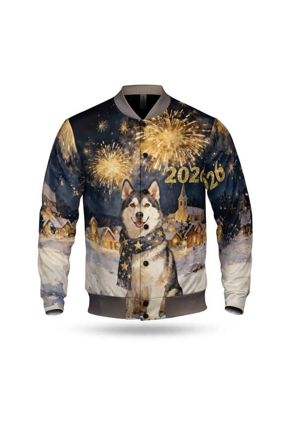 Siberian Husky Happy New Year 2026 with Fireworks on New Year's Eve All Over Print 3D Baseball Jacket Husky Dog Lover Gifts Bomber Jacket Softball - 12022