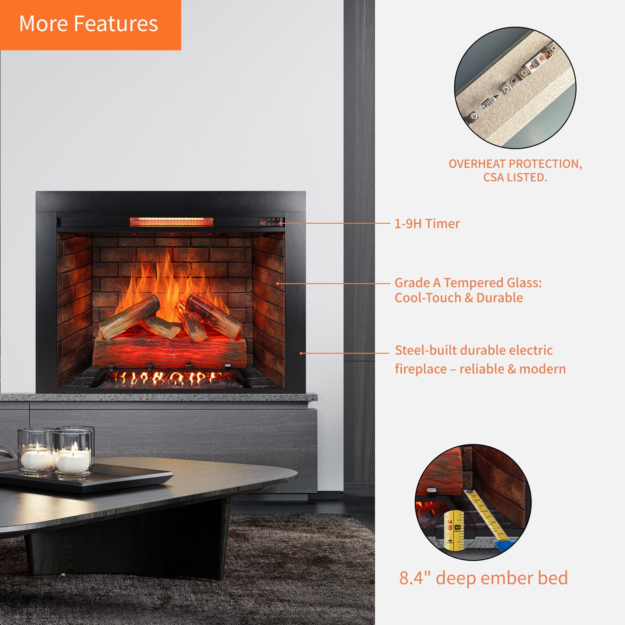 Innoflame 33" Electric Fireplace Insert with Fire Crackling Sound, Adjustable Flame/Temperature, Fireplace Heater with Remote/Timer, Removable Trim Kit, 1500W, Black