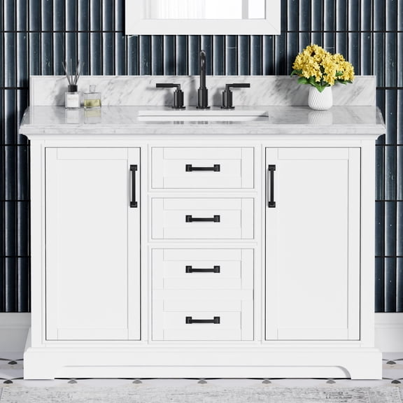 Rhoda 48" Single Bathroom Vanity, 49" W x 22" D x 34.5" H, Carrara Marble Top, Sink & Backsplash, White, Solid Wood, Pre-Assembled, Soft-Closing Drawers and Doors, Built-in Power Outlets