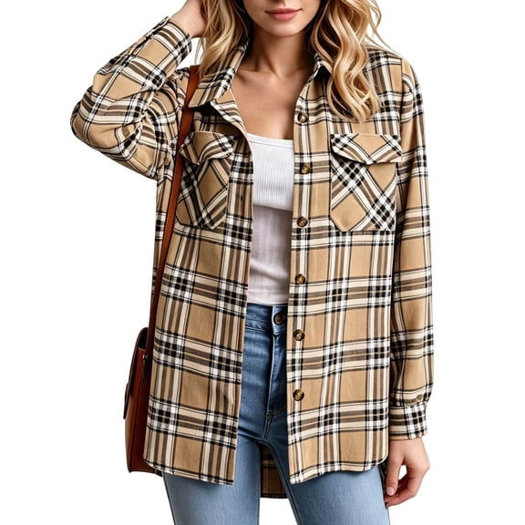 Dweltoz Women's Plaid Flannel Shirt Soft Long Sleeve Lightweight Casual Button Down Jacket with Pockets 2026 Fall Fashion Blouses,Yellow L