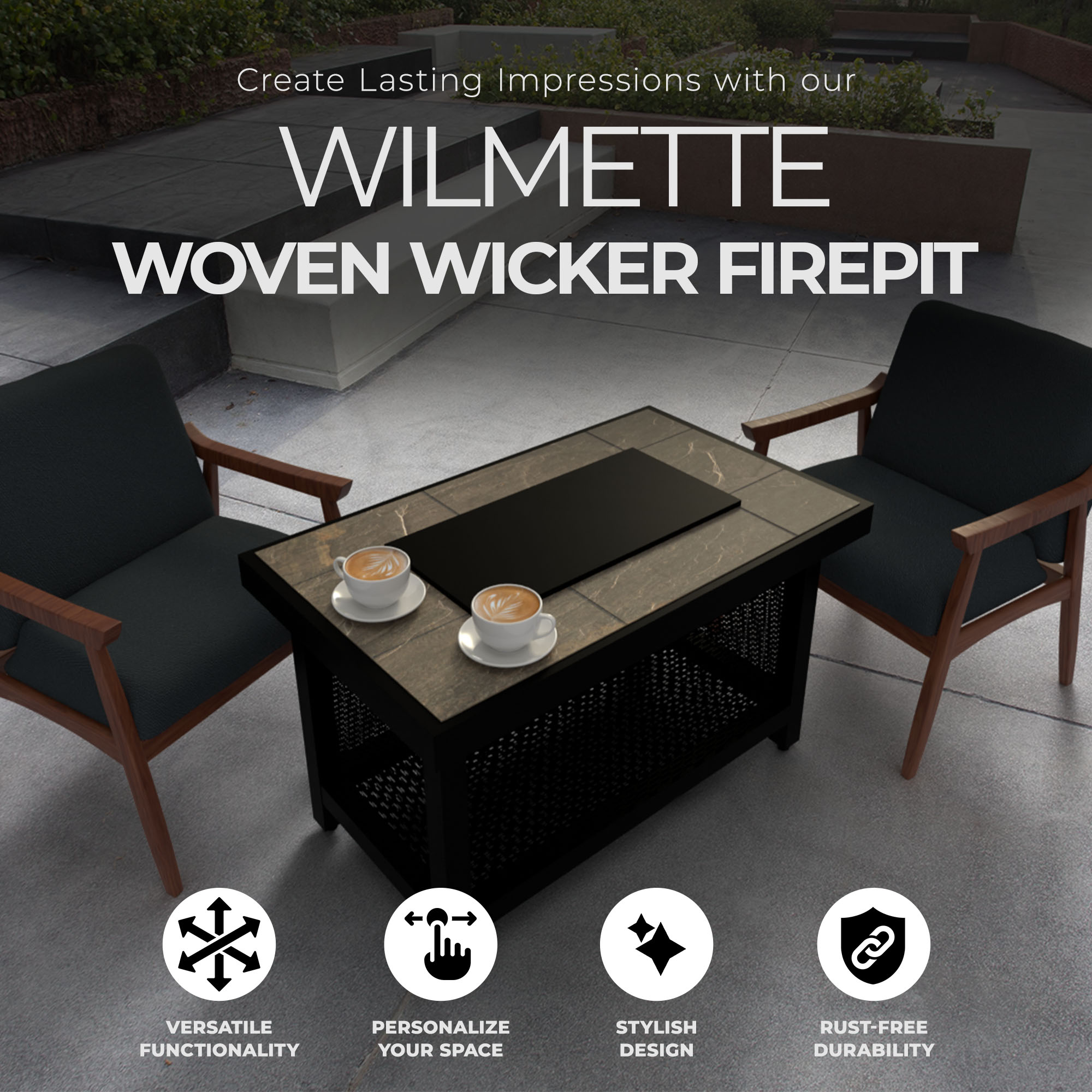 Four Seasons Courtyard Wilmette Firepit Woven Wicker with Stone Top