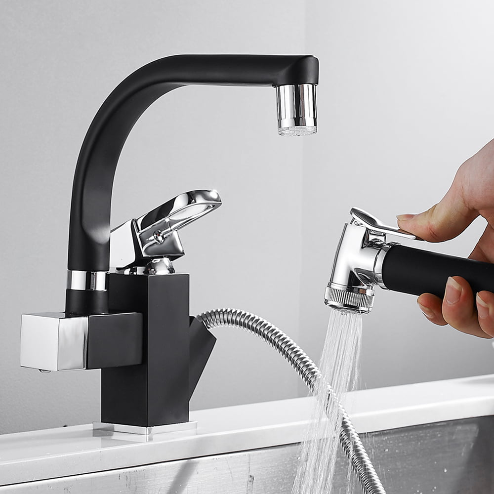 Black 360°Swivel Spout LED Kitchen Sink Mixer Taps With Pull Out Bidet Spray Tap 