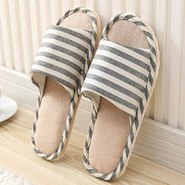 MYG Couples Autumn Linen Cotton Cloth Stripe Anti Slip Slipper Home Indoor Shoes