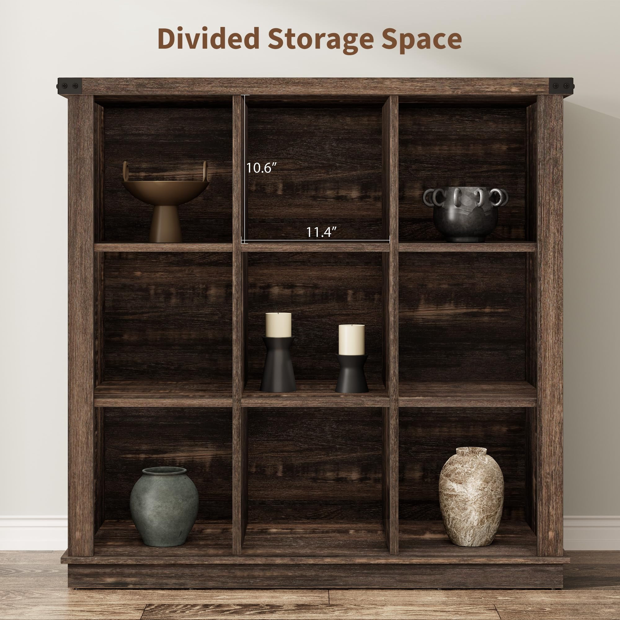 Ataucjin 9 Cube Storage Organizer Bookshelf, 4 Tier Farmhouse Horizontal Bookcase, 37.4 Inch Wood Storage Bookcase for Entryway, Long Low Bookshelves for Living Room