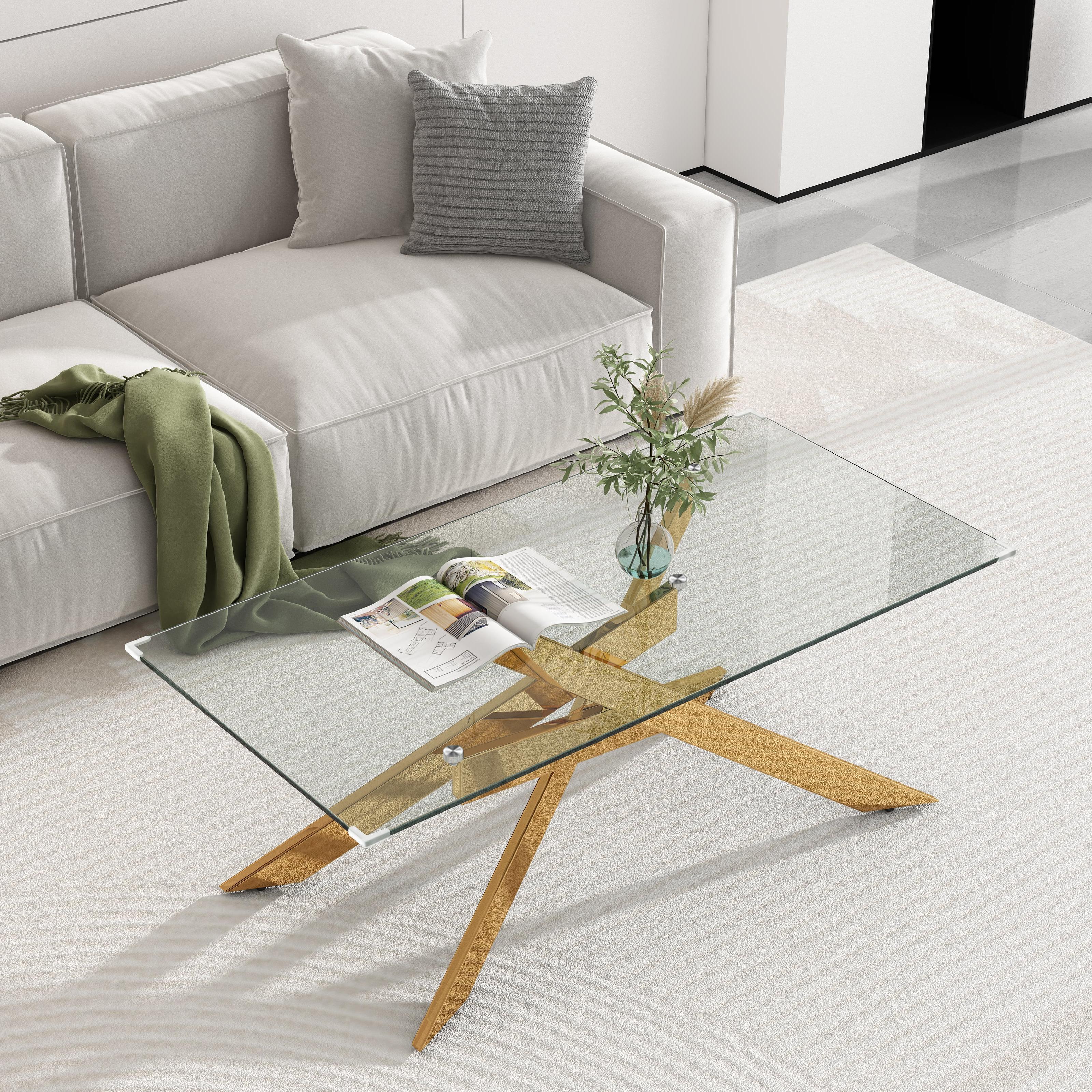 Rectangle Modern Coffee Glass Table, Tempered Glass Top and Gold Plated Metal Leg for Living Room Home Office