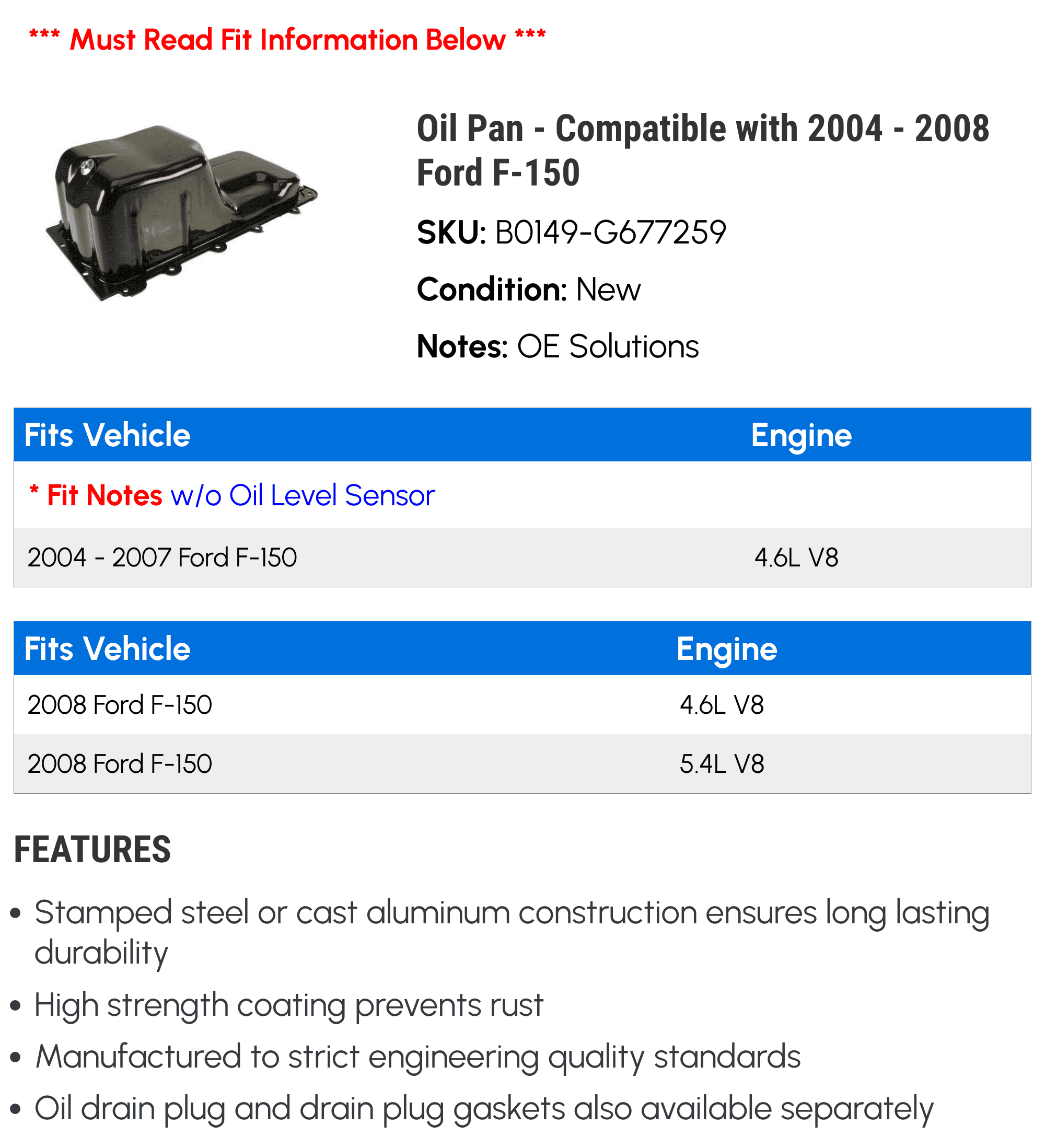 Oil Pan - Compatible with 2004 - 2008 Ford F-150 - Dorman