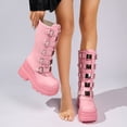 thumbnail image 6 of SACFOF Women's Pink Platform Boots Wedge Combat Gothic Chunky Heel Mid Calf Punk Motorcycle Shoes, 6 of 6