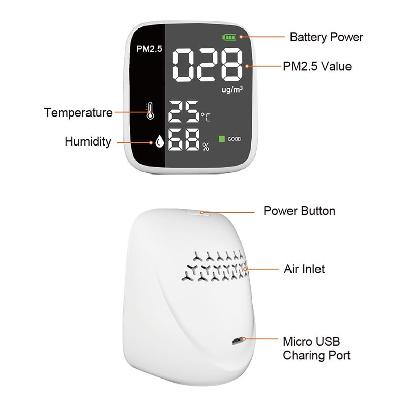 White ABS mini 3-in-1 air quality detector-PM2.5/real-time monitoring of temperature and humidity ｜Laser sensor + three-color over-standard alarm｜0-999µg/m3 range
