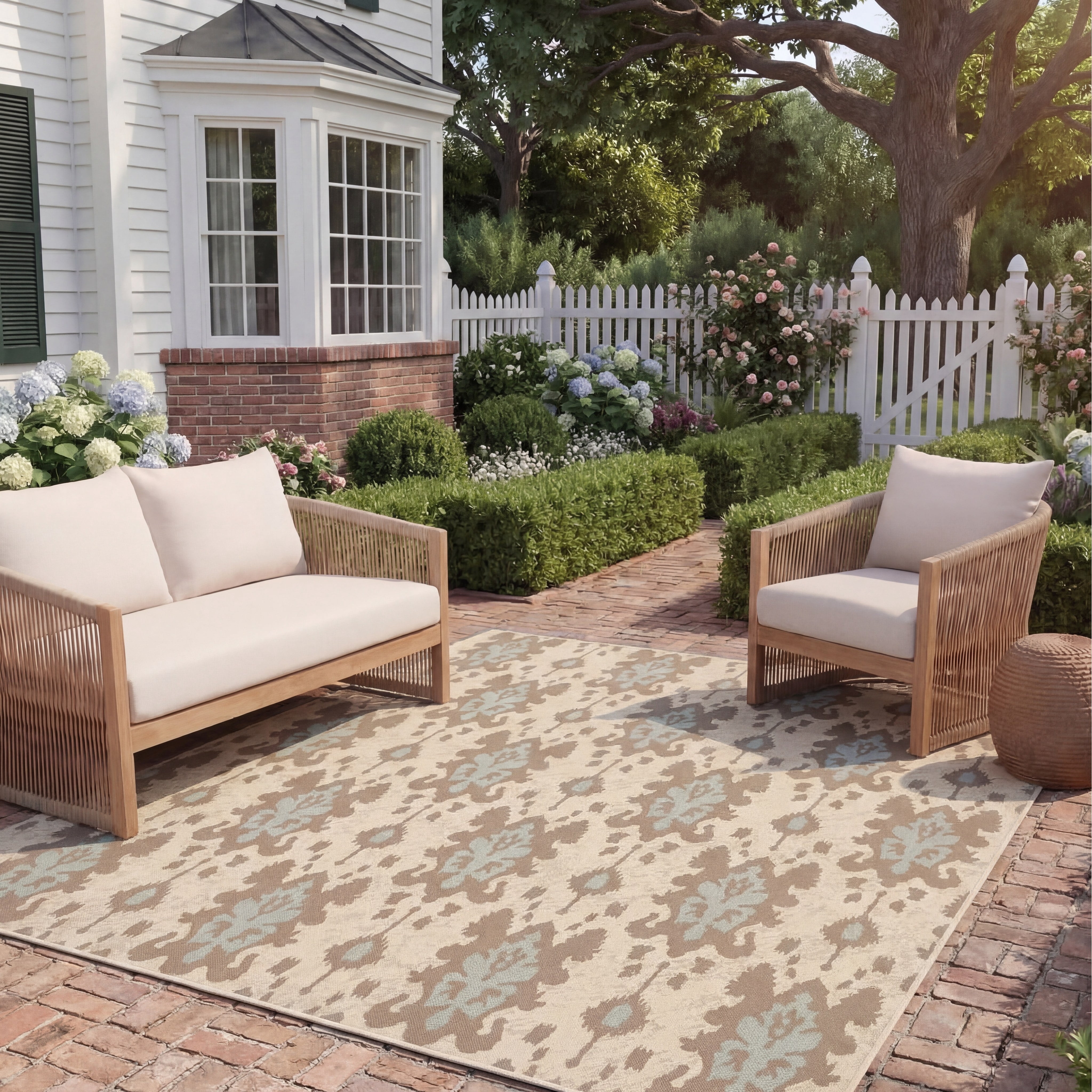 Safavieh Courtyard Vivienne Geometric Indoor/Outdoor Area Rug, Beige/Dark Beige/Aqua, 6'7" x 9'6"