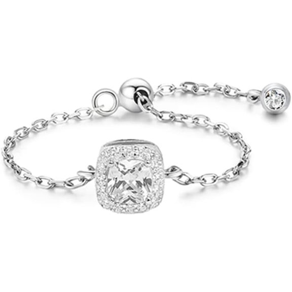 Cubic Zirconia Link Chain Statement Ring with Dangle Beaded Ball S925 Sterling Silver Adjustable Band Birthstone Stacking Promise Rings Tassel Dangling Fashion Jewelry for Women