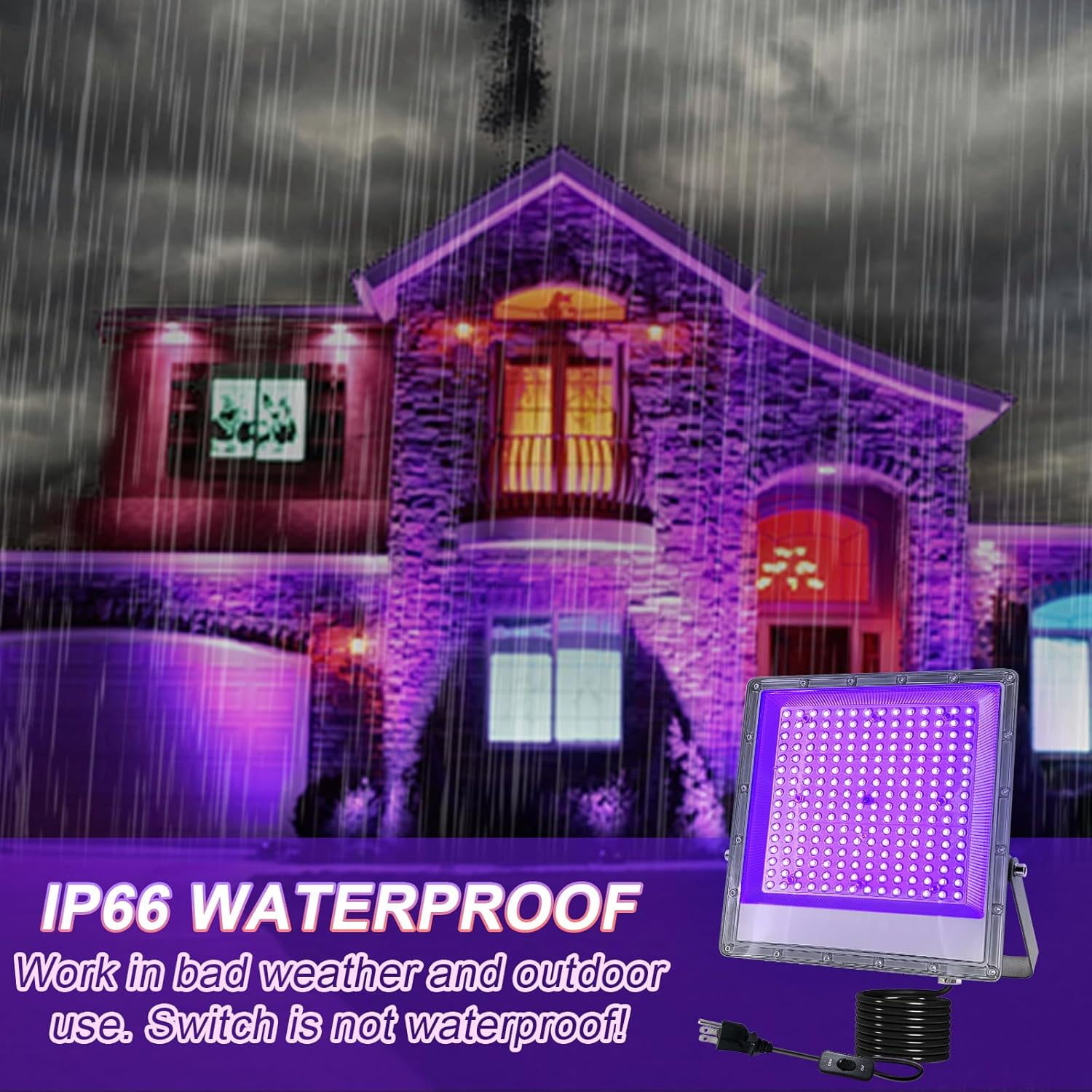 Indmird 1 pack 200W UV Black Light, IP65 Waterproof, for Black Light Party, Halloween, Stage Lighting, Body Paint, Fluorescent Poster, Neon Glow