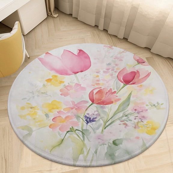Spring Flowers Round Area Rugs for Bedroom Living Room, 4FT Soft Indoor Circle Carpets, Carpet Home Decor Floor Mat
