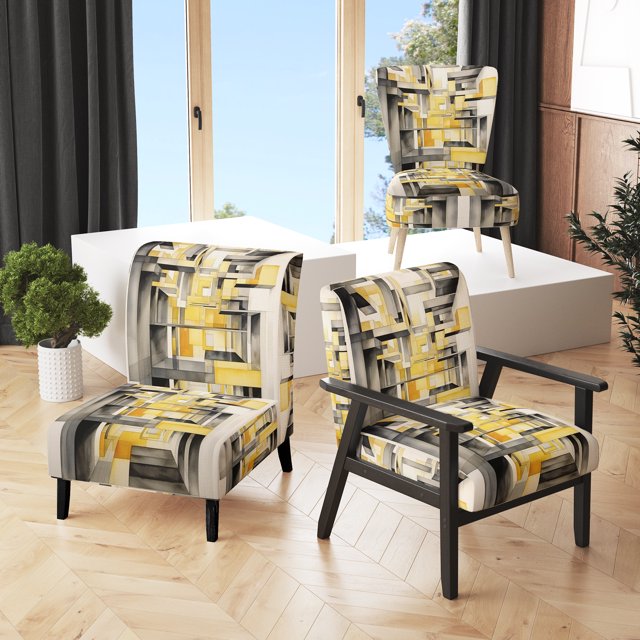 Designart "Intersecting Realities in Yellow and Grey II" Yellow Abstractions Upholstered Accent Chair - Modern Arm Chair For Bedroom