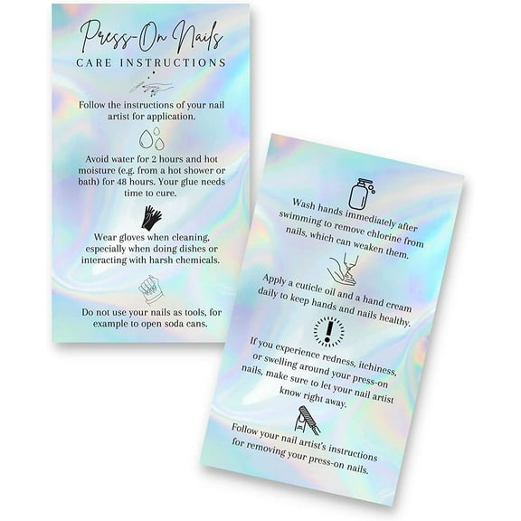 Press-On Nail Aftercare Cards  50 Pack  2x3.5" inch Business Card Size  Add to Your DIY Press-On Nail Kit  Rainbow Holo Look Design
