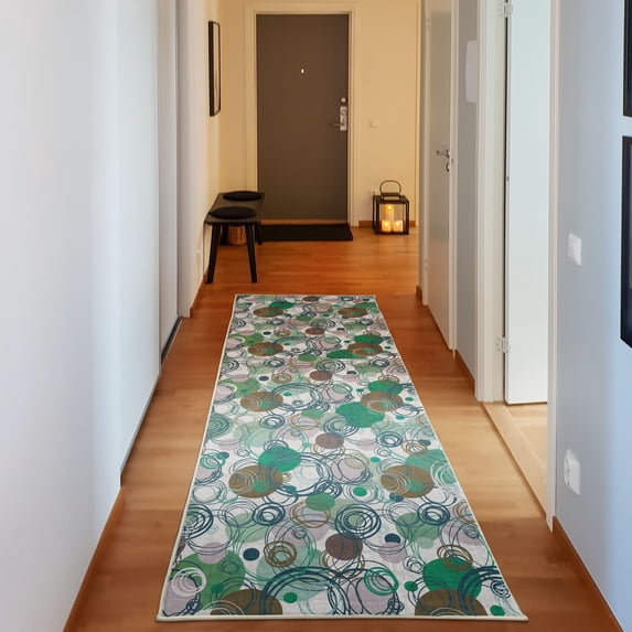 Abstract Decorative Rug, Hand Drawn Sketchy Geometrical Retro Modern Circles Image Illustration, Quality Carpet for Bedroom Dorm and Living Room, 6 Sizes, Green Brown, by Ambesonne