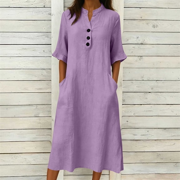 gakvbuo Summer Tank Dress for Women'S Half Sleeve Maxi Dress A-Line Dress Sleeveless Sundresses Button V-Neck Linen Dress with Pocket
