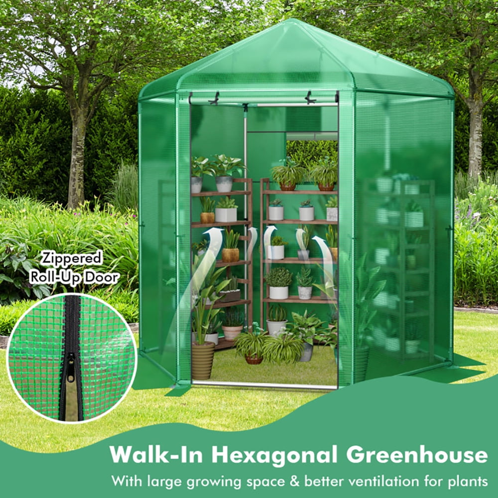 GVN Walk-In Hexagonal Greenhouse with PE Cover and Metal Frame, Walk-in Green House, Portable Greenhouse  for Planting and Storage