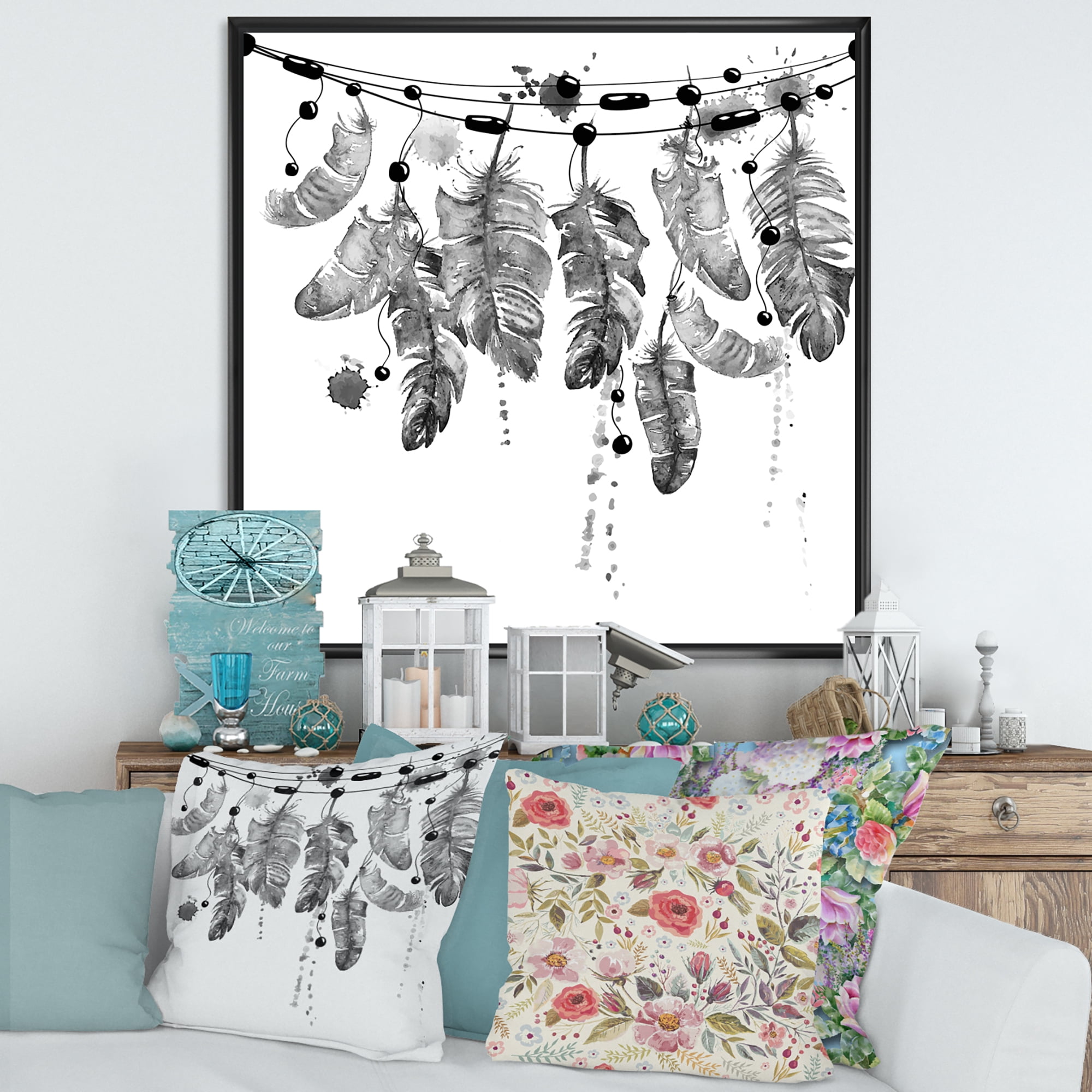 Designart 'Hanging Monochrome Bird Feathers' Bohemian & Eclectic Framed Canvas Wall Art Print