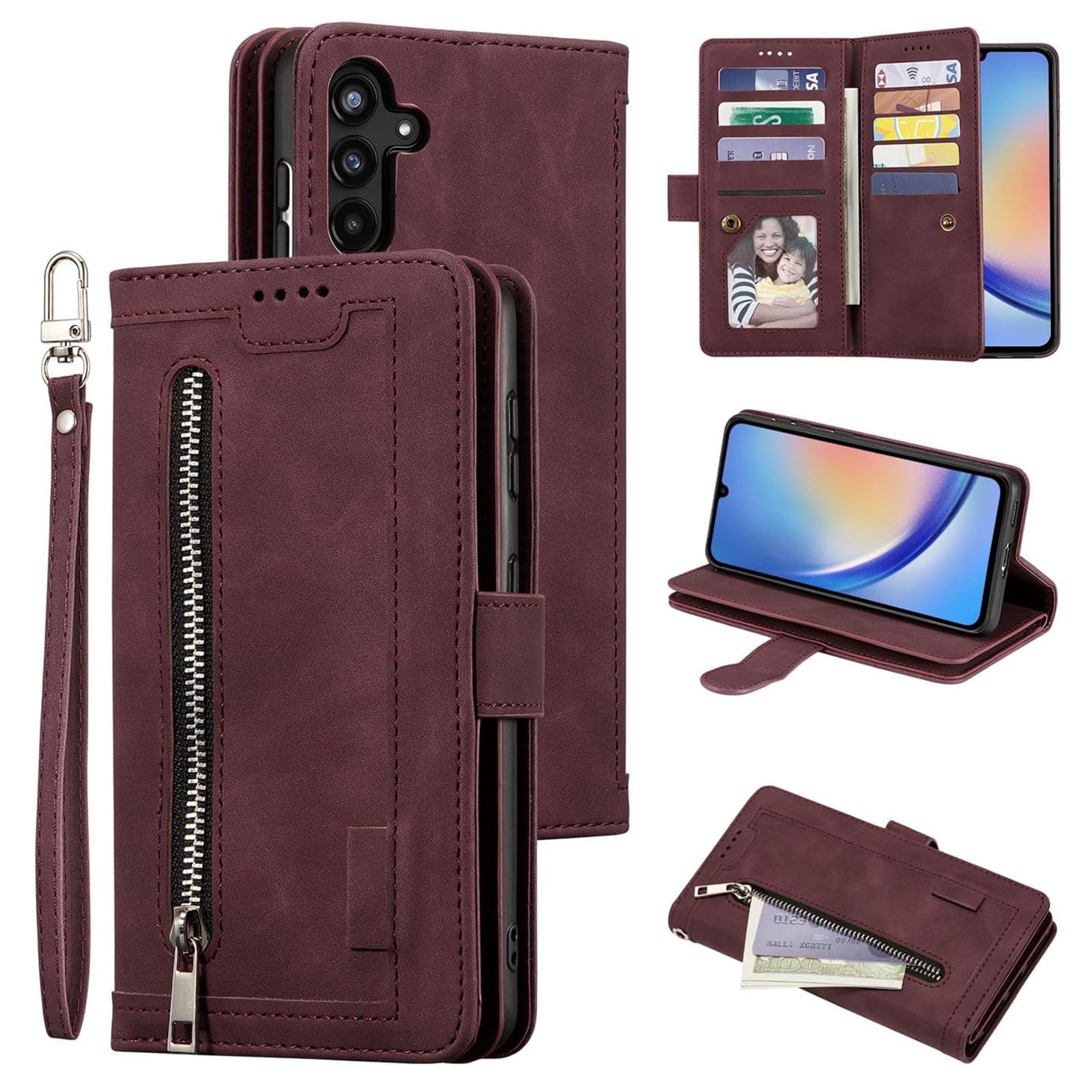 Dteck Wallet Case for Samsung Galaxy A16 5G, Shockproof Zipper Wallet Pocket 9 Card Holder Slots Handbag Case Magnetic Closure Kickstand with Wrist Strap TPU Flip Cover,Winered