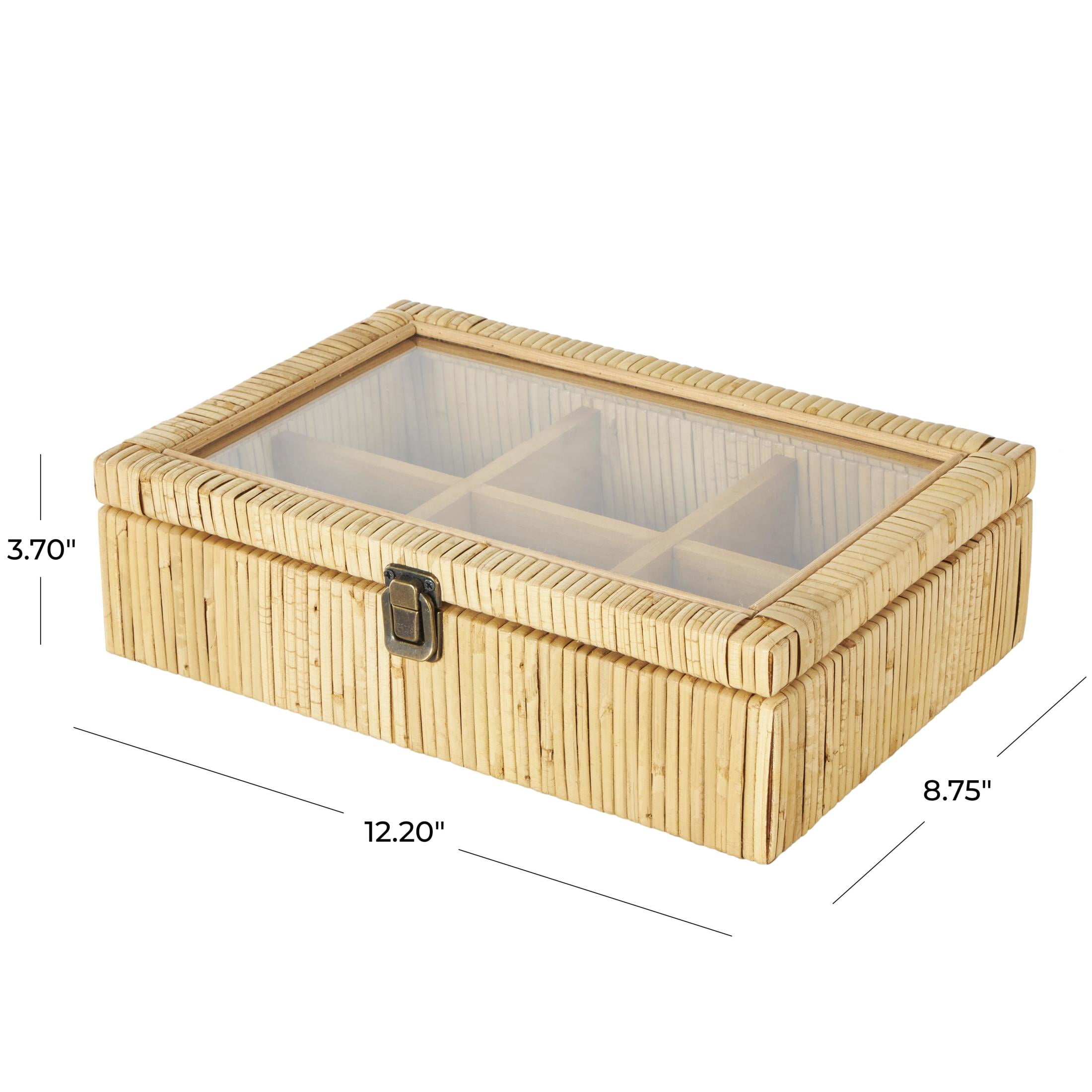 DecMode Handmade Wrapped 6 Slot Brown Rattan Decorative Jewelry Box with Tempered Glass Top