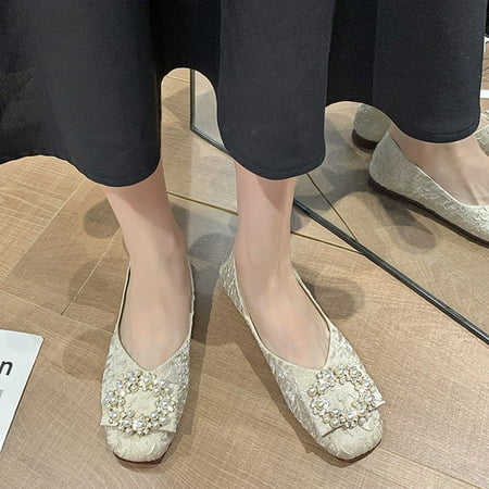 

Tangnade Women shoes Women Breathable Shallow Comfortable Rhinestone Slip-On Casual Single Shoes Beige 41