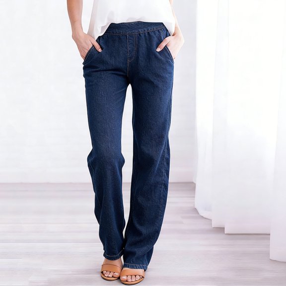 Women Stretchy Pull on Wide Leg Pants Trendy High Waisted Work Yoga Imitation Denim Trousers Dark Blue M