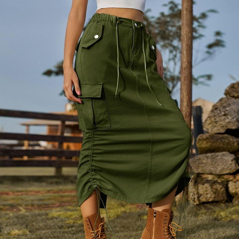 JNGSA Women s Denim Midi Skirt Casual Drawstring Waist Skirt with