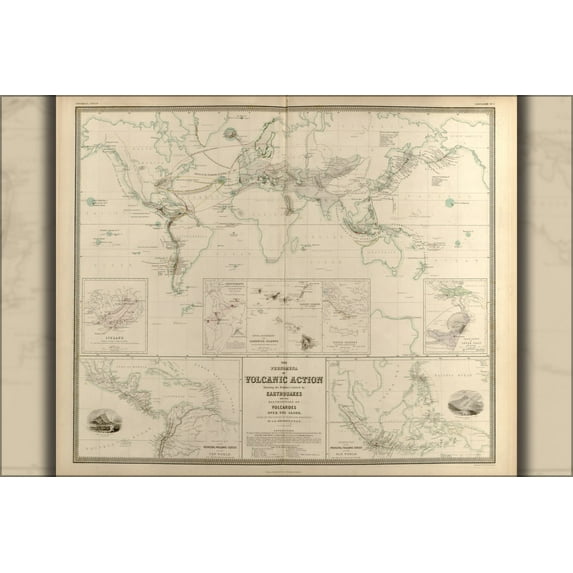 24"x36" Gallery Poster, Volcanology world map of Volcano Action 1848