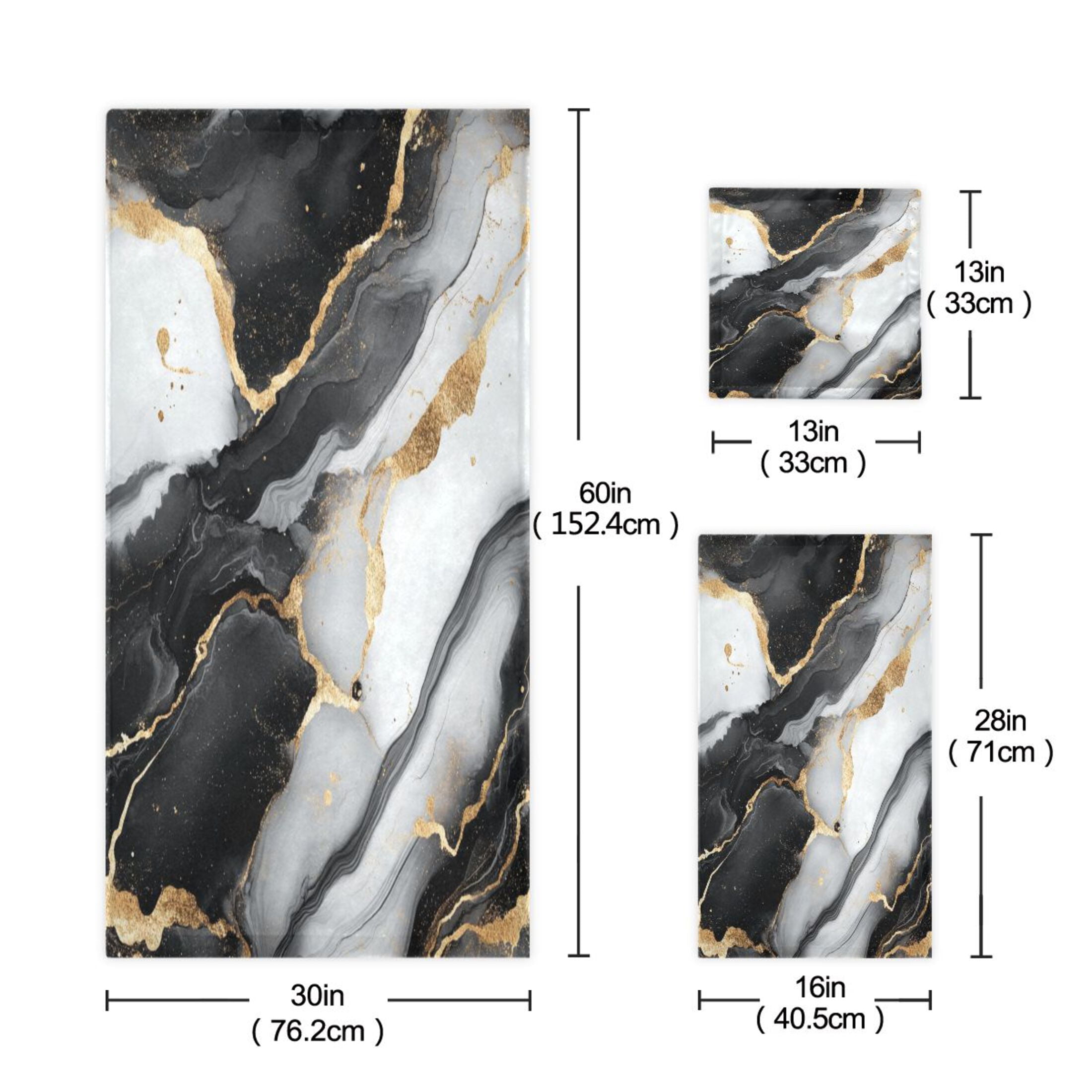 WOBOGO Gilt Black Veined Marble Ultra Soft 3 Pack Cotton Towel Set Includes 60 x 30in Bath Towel 28 x 16in Face Towel and 13 x 13in Small Square Towel for Everyday Use Lightweight and Compact