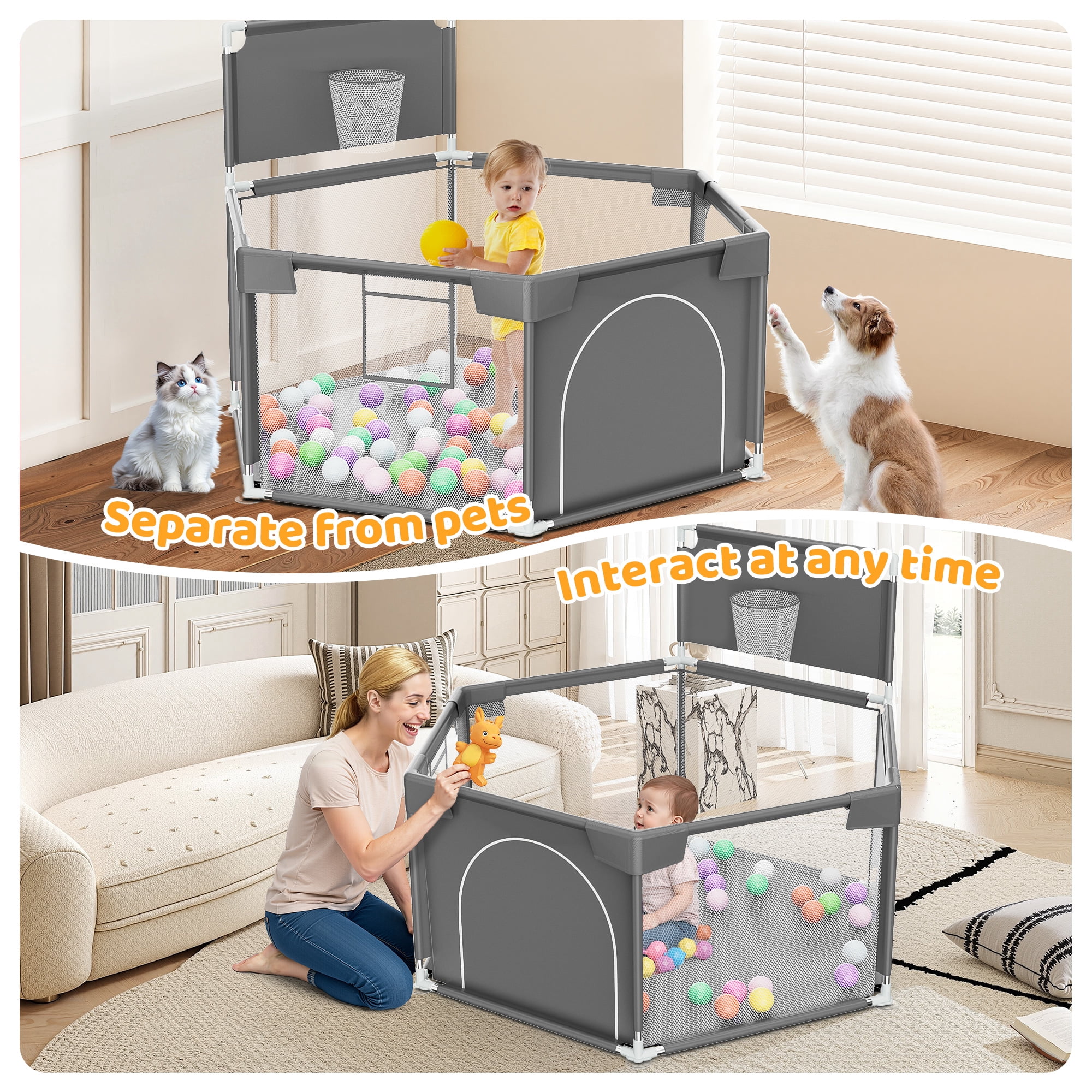 babyeap Baby Playpen with Basketball Hoop,Playpen for Babies and Toddlers,Hexagonal Fence Baby Play Yards,Dark Gray