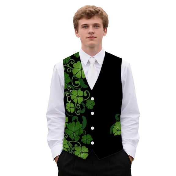 Yuyamidu Green Leaves Men's Formal Suit Vest Fit for Business or Casual Dress St. Patrick's Day Slim Fit Waistcoat with Pockets Size S