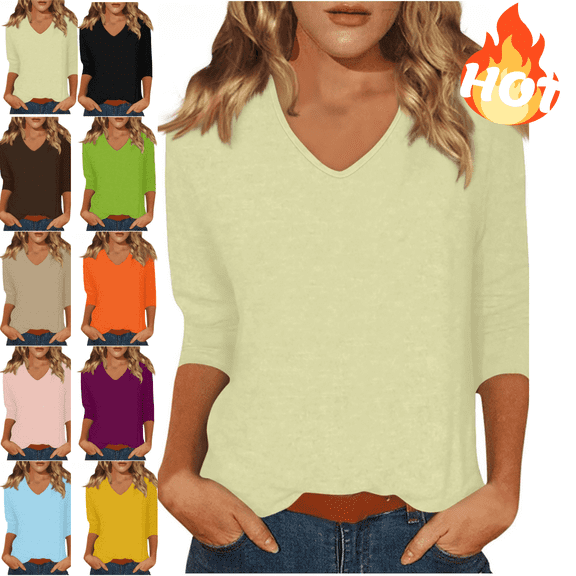 Mifsaly Womens Cotton Tshirts Relaxed Fit 3/4 Sleeve V Neck T-Shirt Casual Soft Breathable Basic Tee Work Daily Wear Lightweight Summer Tops Beige,M