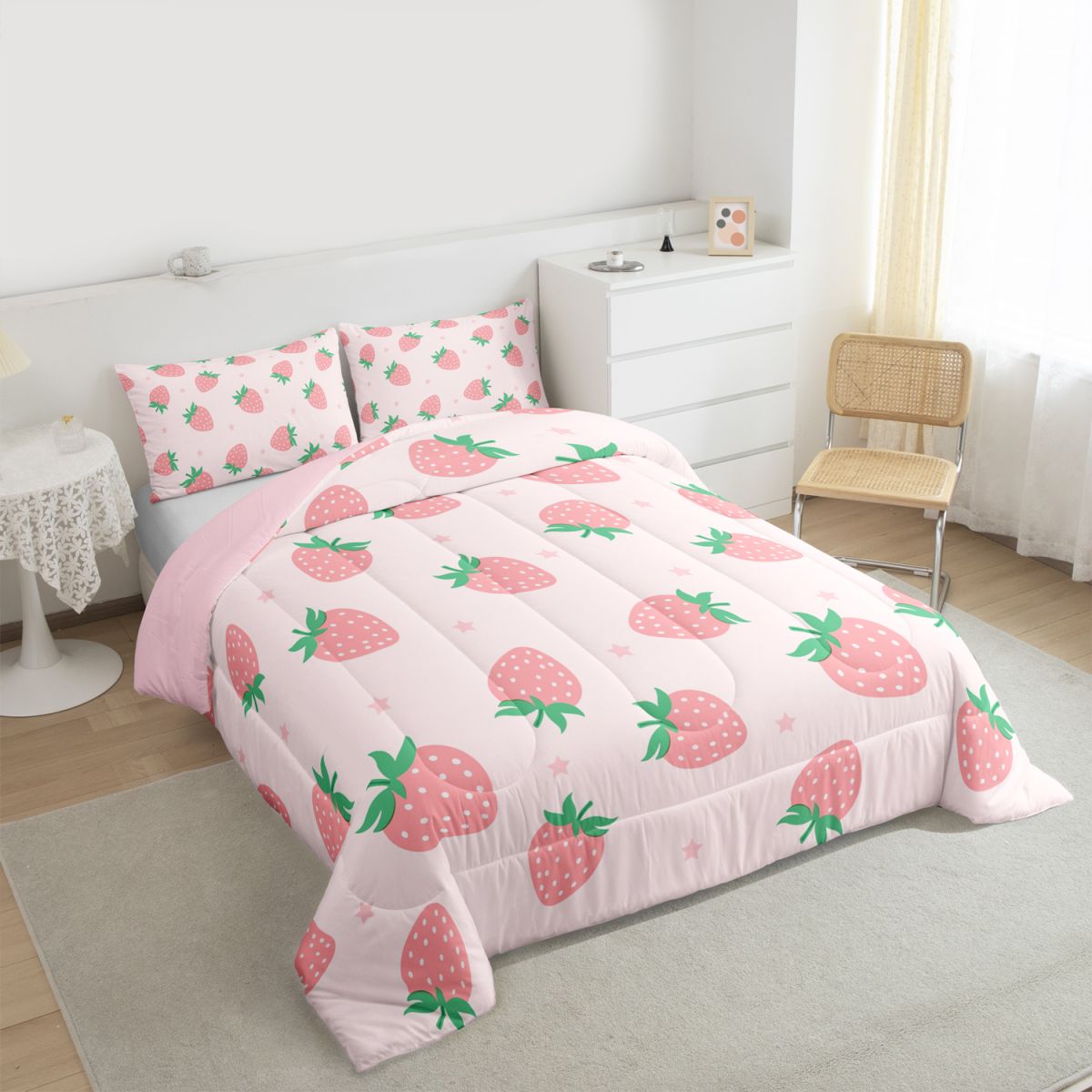 Feelyou Girly Pink Strawberry Bedding Comforter Set, Kawaii Stars Print Twin Comforter Sets, Teens Kids Girls Women Reversible Bedding Set, Super Cozy Room Decor, 2pcs