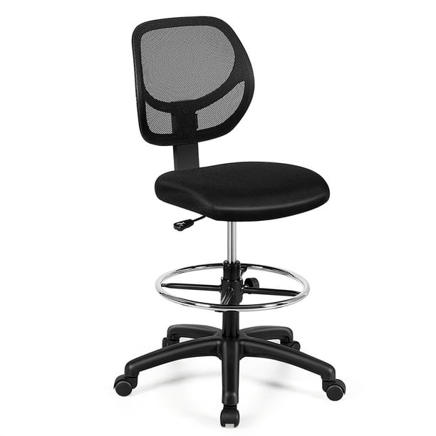 Costway Silla de red, silla de oficina con soporte lumbar, reposapiés de aro regulable y ruedas, silla ergonómica de escritorio sin reposabrazos para casa y oficina