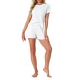 thumbnail image 2 of INSPIRE CHIC Womens Pajama Set Soft Short Sleeve Shorts Set Crewneck Ruffle Lounge Set with Pocket M White, 2 of 6