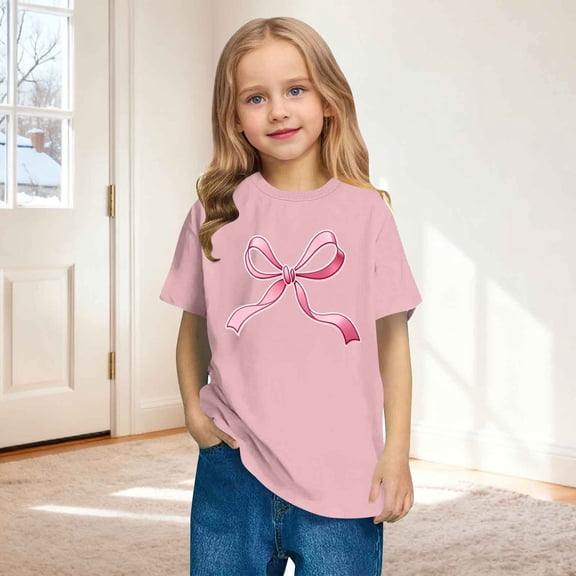 Girls' Pink Bow Graphic Tee - Soft Stretch Polyester Spandex, Crew Neck Short Sleeve, Casual Playful Everyday T-Shirt for Kids 4-12 Years,Size 9 T