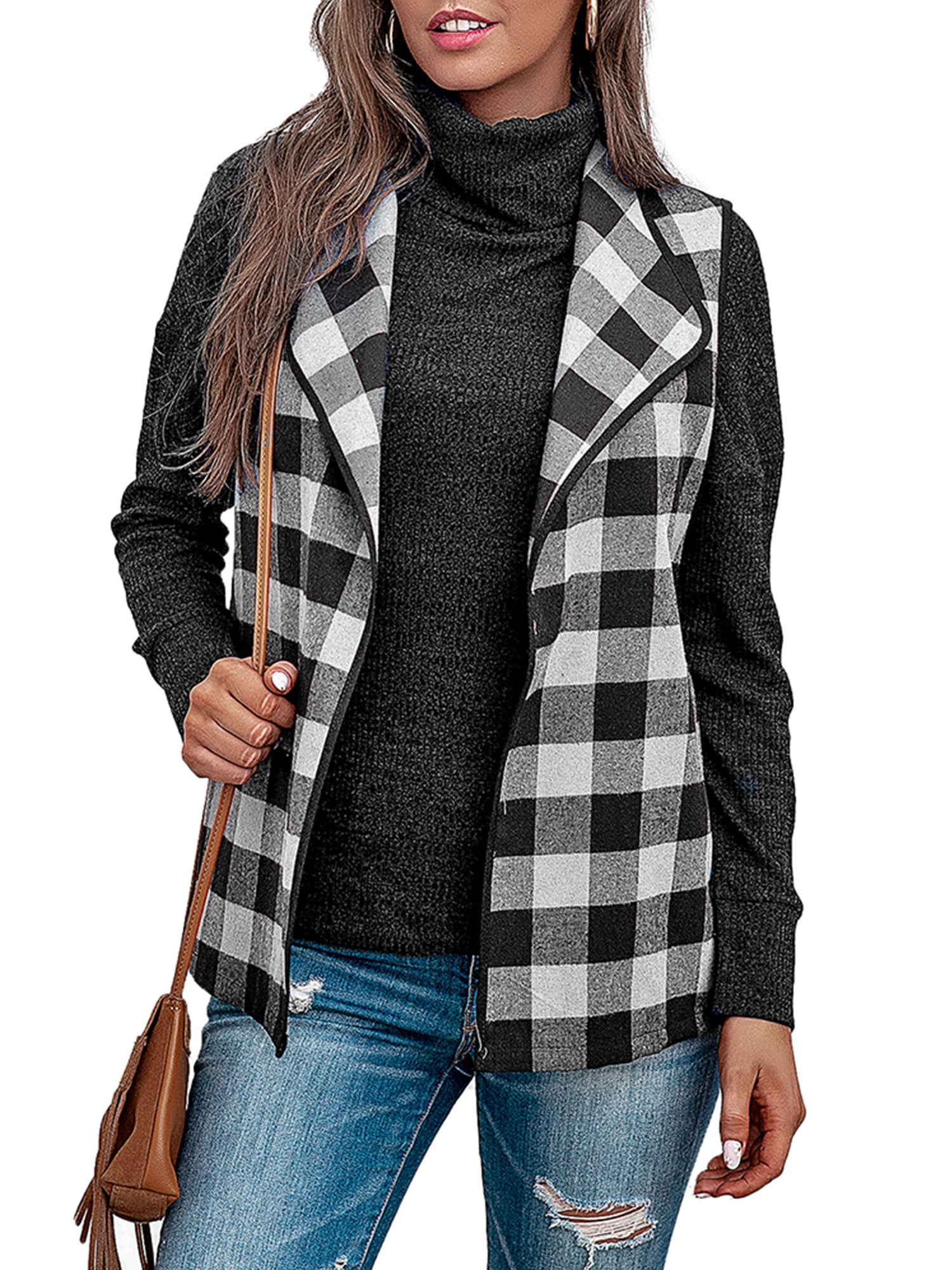 Womens Winter Plaid Sleeveless Vest Cardigan Coat Open Front Gilet