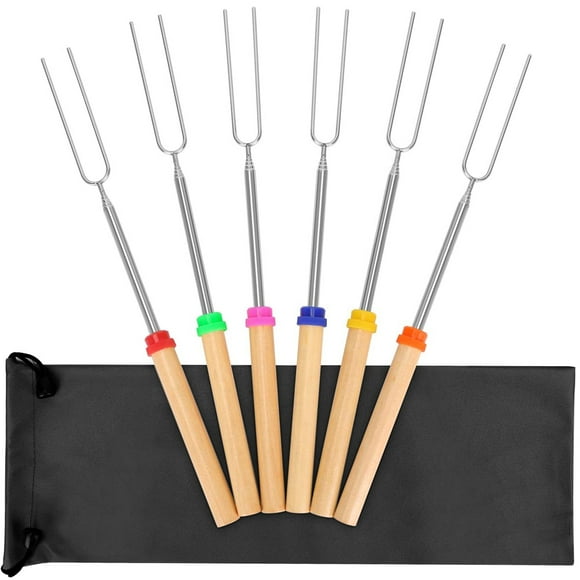 Bâtonnets de Guimauves les Plus Tendance – 6 Pcs Bâtonnets de Rôtissage Haut de Gamme pour BBQ, Feu de Camp, Foyers, Camping – Fourchettes de Barbecue en Acier Inoxydable Durables avec Poignées en Bois – Pratique et Facile à Utiliser
