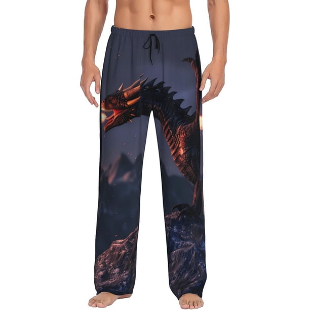 Fotbe Fire Breathing Dragon Twilight Pantalones de Pijama para Hombre, Pantalones de Dormir, Pantalones de Casa con Cintura Ajustable y Bolsillos-Medium